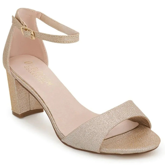De Blossom Ankle Strap Low Heel Sparkle Wedding Event Shoe Gold Size 9 - Picture 1 of 8